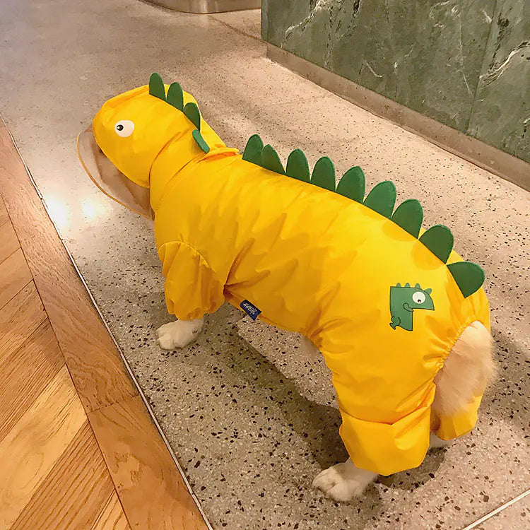Dinosaur puppy raincoat in yellow, cartoon style, keeping a dog dry and cute on rainy days.