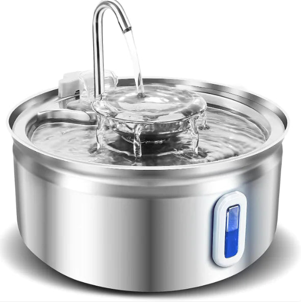 Smart pet water dispenser with stainless steel faucet for fresh water and modern design.
