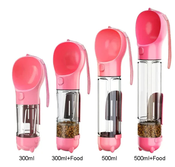 Four pink portable pet water dispensers with food compartments, ideal for travel and hikes, each showing different sizes: 300ml and 500ml.