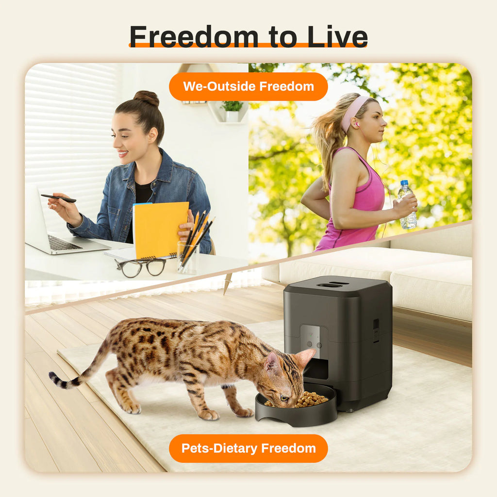 Smart pet feeding scheduler with remote timing and portion control for convenient pet care.