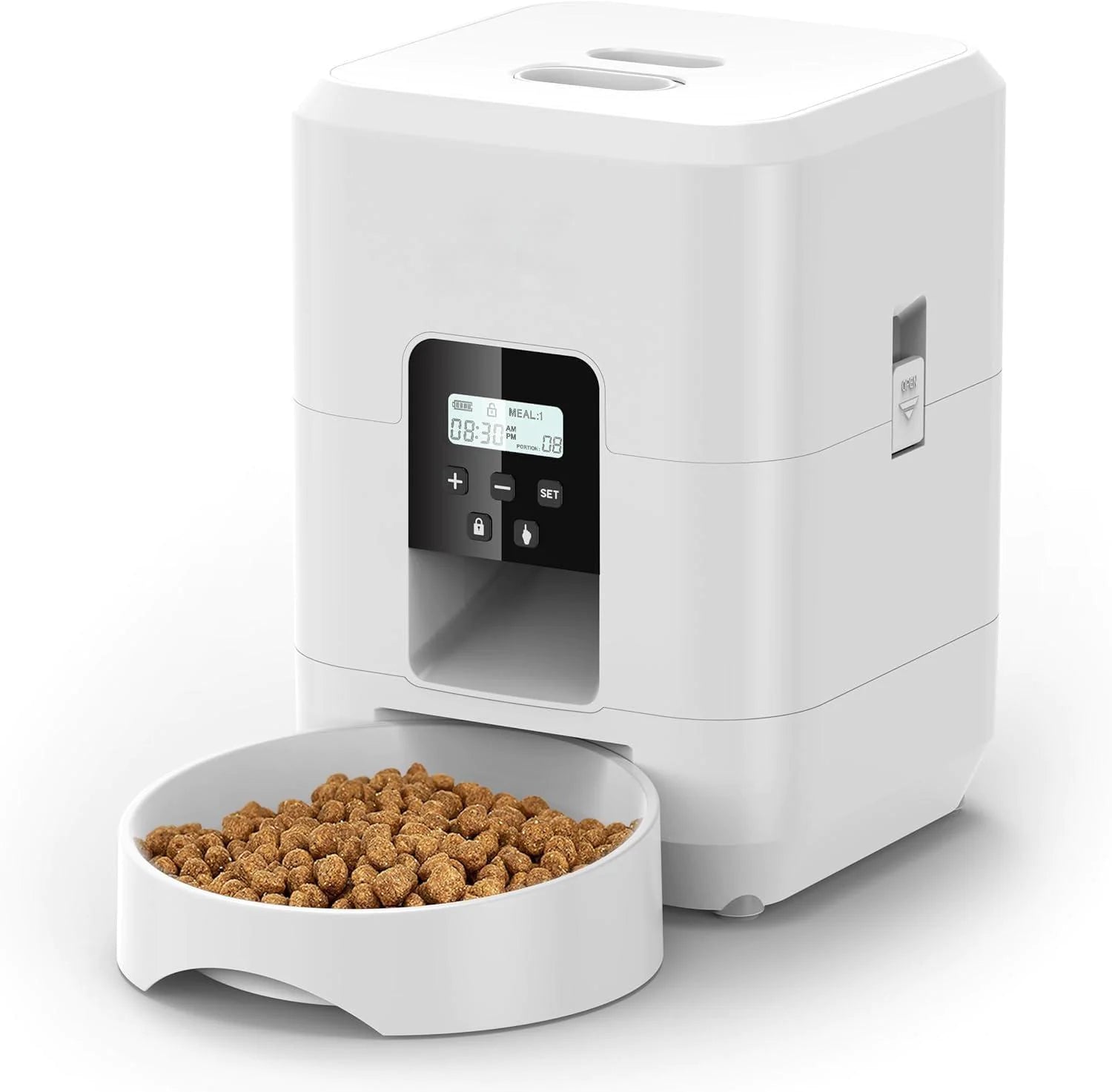 Smart pet feeding scheduler with remote timing and portion control, offering intelligent meal scheduling for pets.