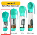 Portable pet water dispenser in blue, showing various sizes including 300ml and larger options, ideal for travel and outdoor use.