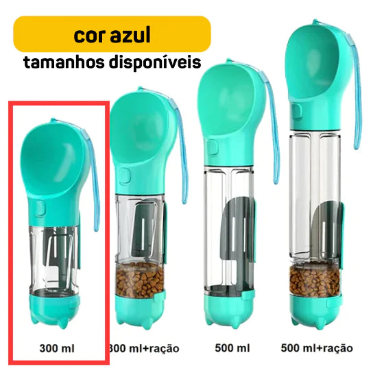 Portable pet water dispenser in blue, showing various sizes including 300ml and larger options, ideal for travel and outdoor use.