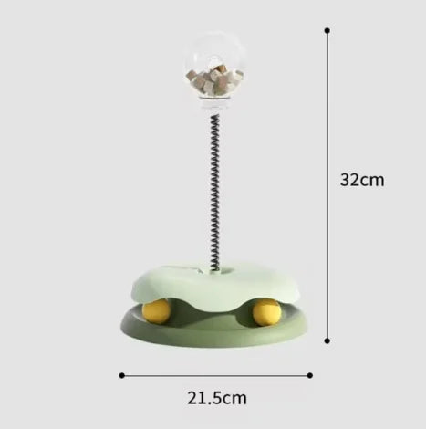 Interactive cat feeder toy with dimensions 21.5cm wide and 32cm high, featuring a slow feeder food dispenser design.