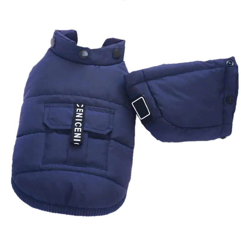Chic winter dog vest in navy blue, made of polyester for warmth and style, ideal for keeping pets cozy during cold weather.