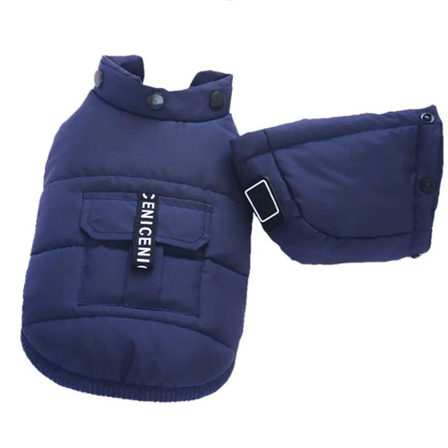 Chic winter dog vest in navy blue, made of polyester for warmth and style, ideal for keeping pets cozy during cold weather.