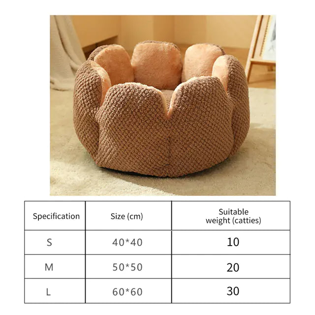 Flower-shaped cat bed in brown color with size specifications, providing warmth and comfort for small dogs and cats.