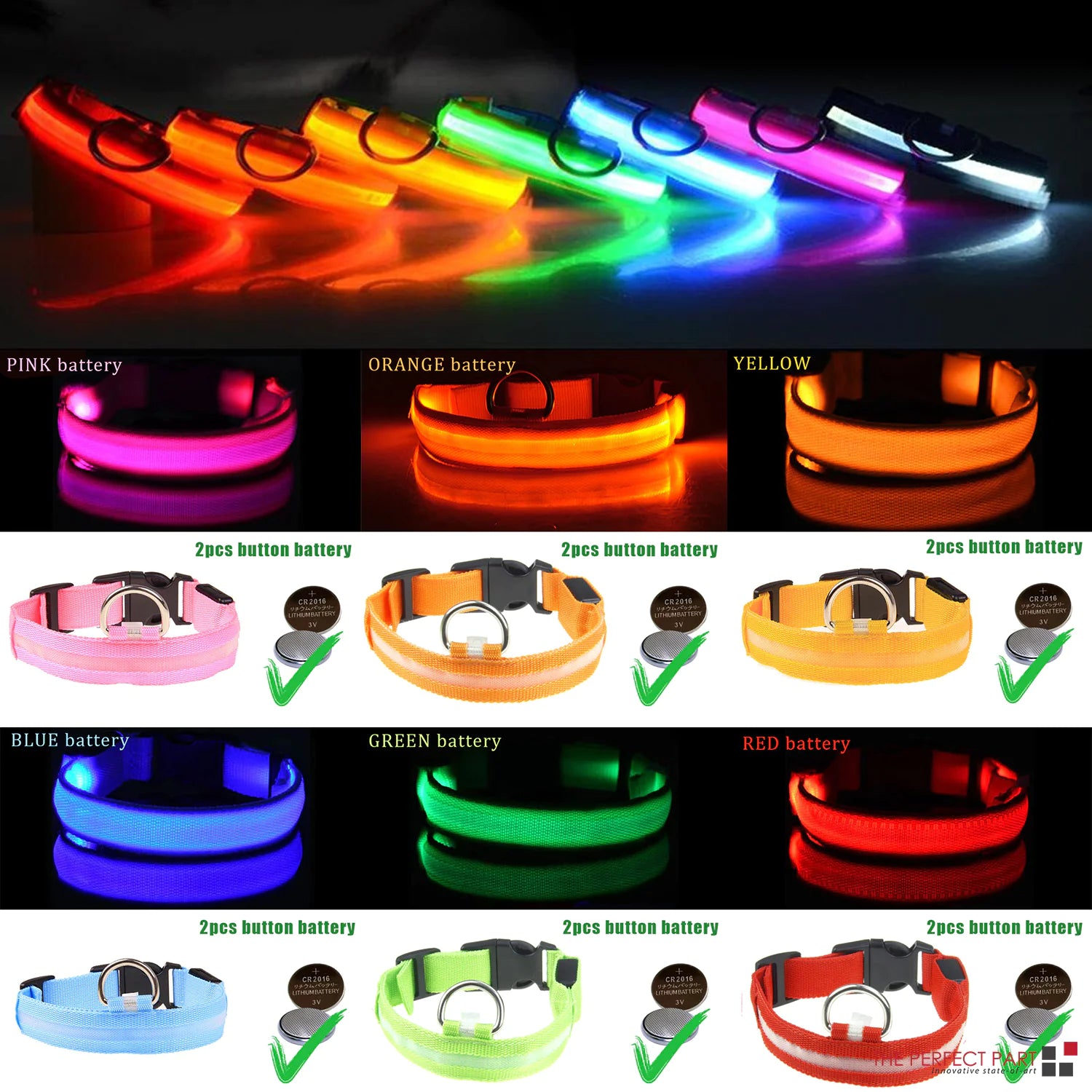 LED dog collar safety in various colors including pink, orange, yellow, blue, green, and red for enhanced pet visibility at night.