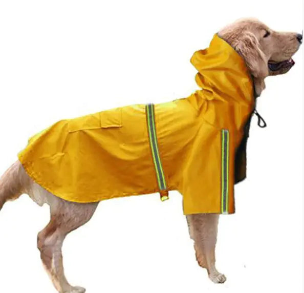 Golden retriever wearing a bright yellow pet bathing shower jacket with adjustable straps for a comfortable bath experience.