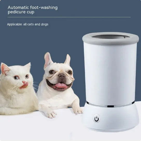 Automatic pet paw cleaner with drying function, featuring silicone bristles, shown with cat and dog for use on all pets.