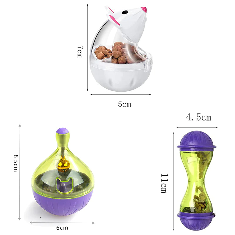 Interactive cat feeder toy - tumbler & feeder ball in various shapes and sizes, designed to stimulate cats' natural hunting instincts.
