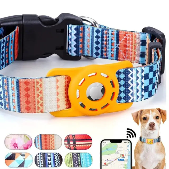 Colorful Apple AirTag pet collar with digital printing and secure holder for pet tracking, shown with various design options and a dog.