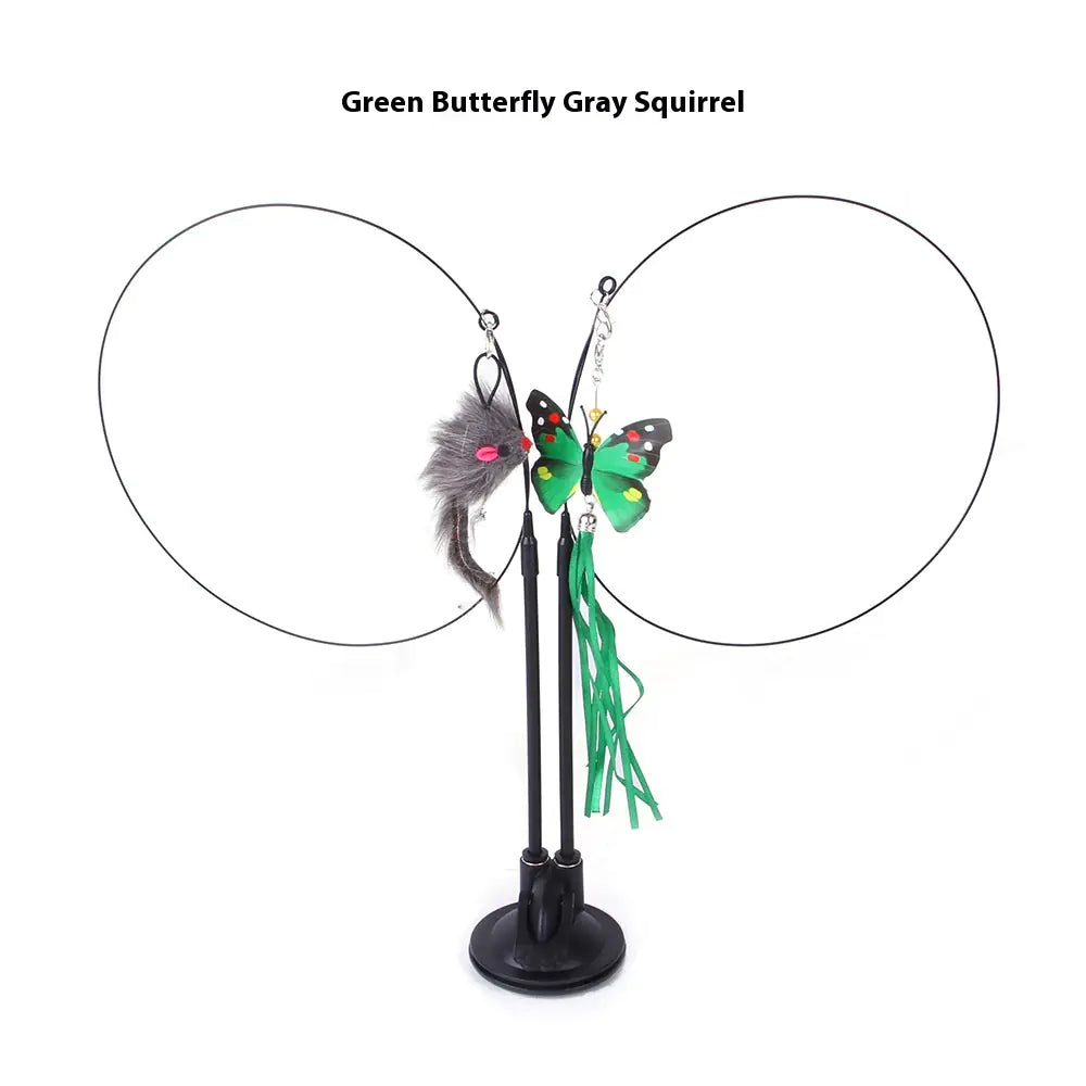 Interactive cat teaser toy with suction cup base, featuring green butterfly and gray squirrel attachments for playful fun