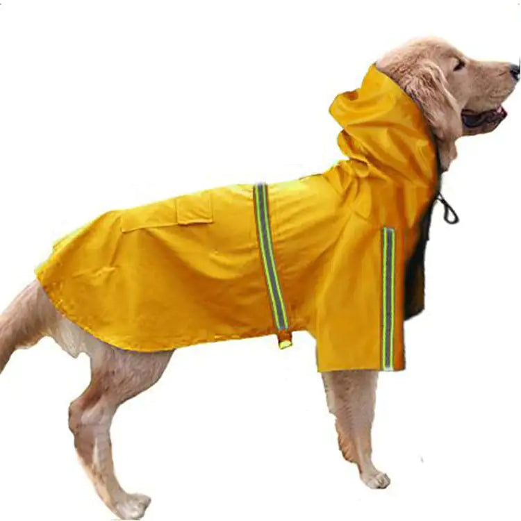 Golden Retriever wearing a hi-vis waterproof dog raincoat in bright yellow with reflective strips for safety and visibility.
