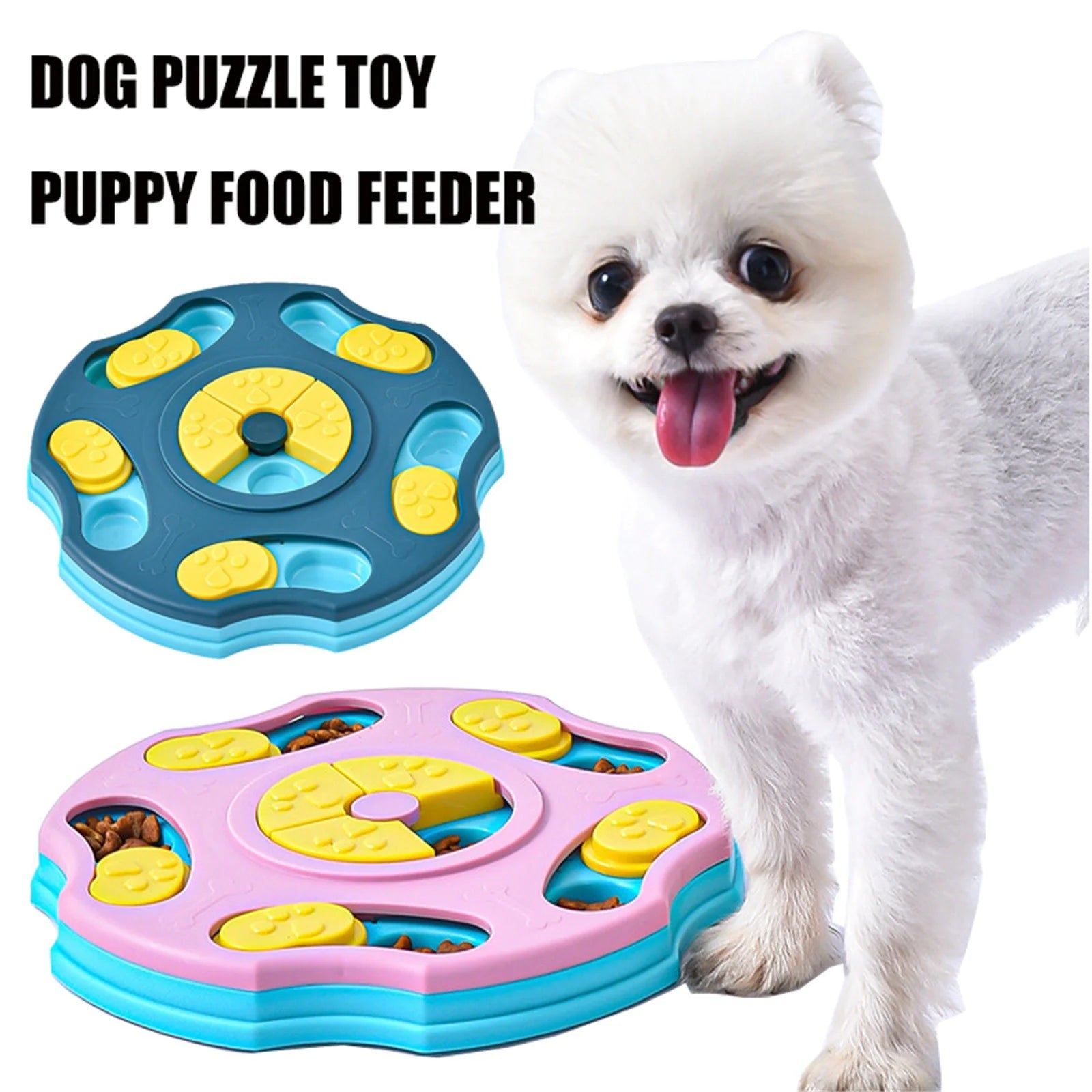 interactive dog puzzle bowl with a small white dog, featuring colorful slow feeding design