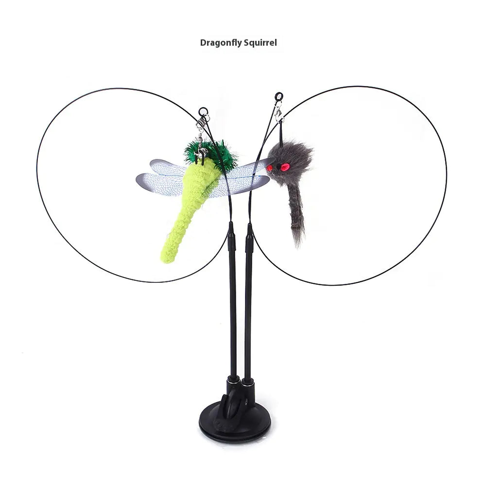 Interactive cat teaser toy with suction cup base and colorful dragonfly and squirrel attachments for playful cats.