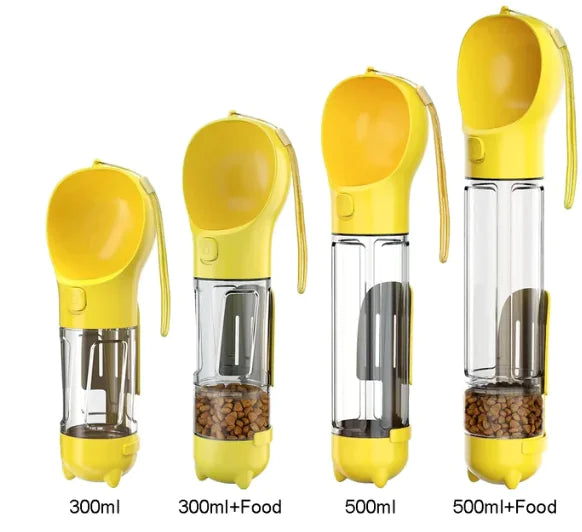Portable pet water dispenser with yellow handheld cup and built-in food storage. Available in 300ml and 500ml sizes for pets.