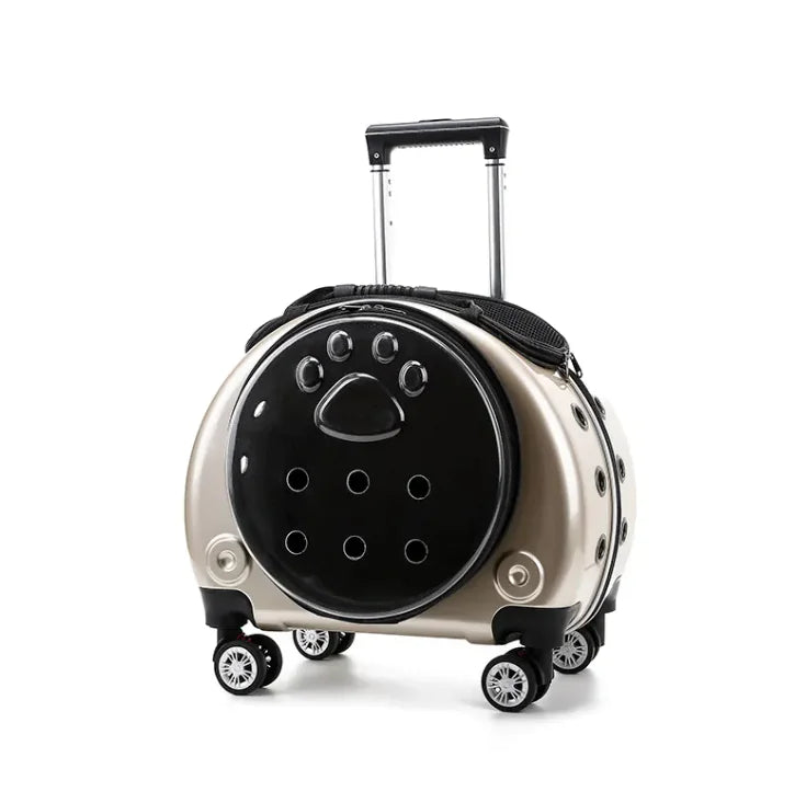 Geometric-patterned compact pet travel bag with wheels and retractable handle for stylish and convenient pet transport.