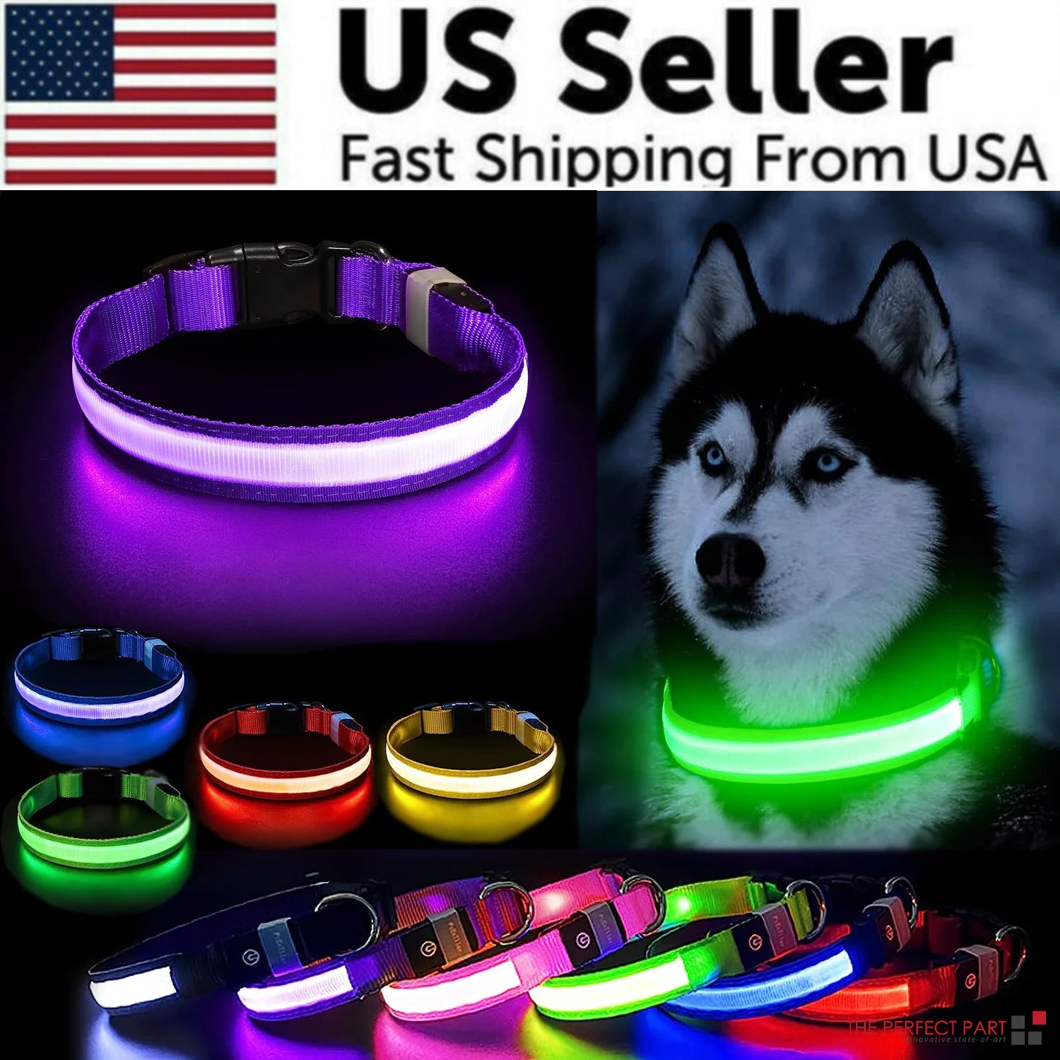 LED dog collar safety, glowing adjustable collar, various colors, dog visible in the dark, waterproof, US seller, fast shipping