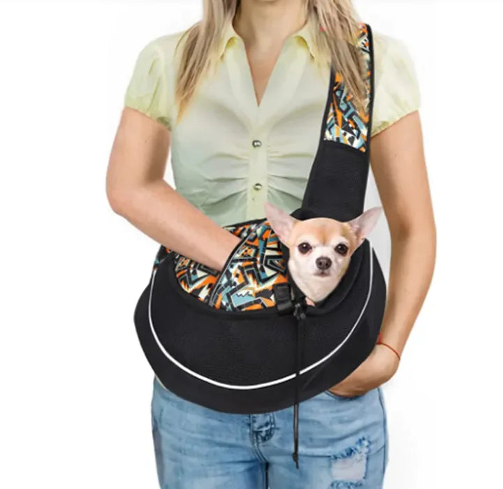 Woman holding pet travel carrier with dog inside, ideal for pet transport.