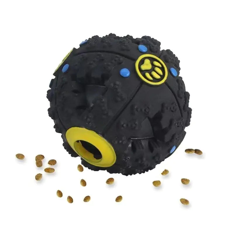 Durable chew toys for dogs, sound ball with treats, perfect for training and healthy chewing, black and yellow design.