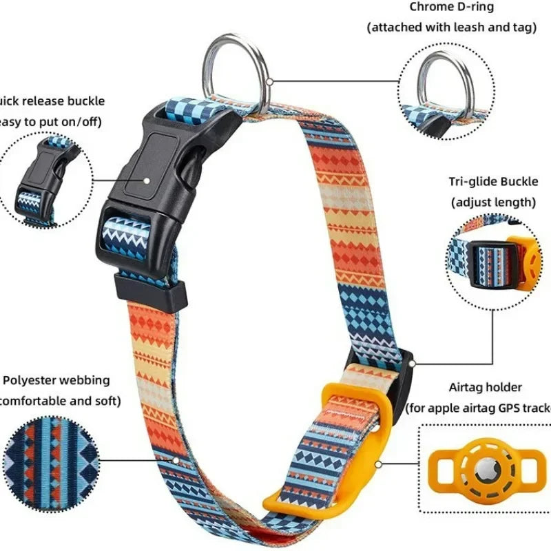 Apple AirTag pet collar with colorful digital print, secure holder, and adjustable buckle for tracking pets.