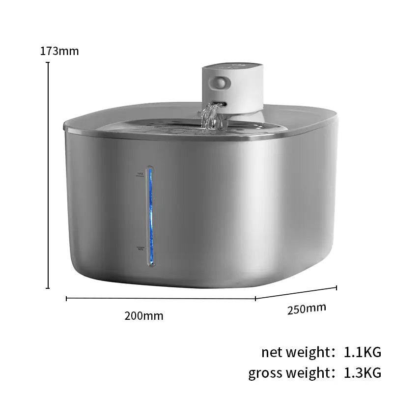 Stainless steel pet water dispenser with dimensions and weight listed, made from SUS304 stainless steel and ABS for sleek home decor.