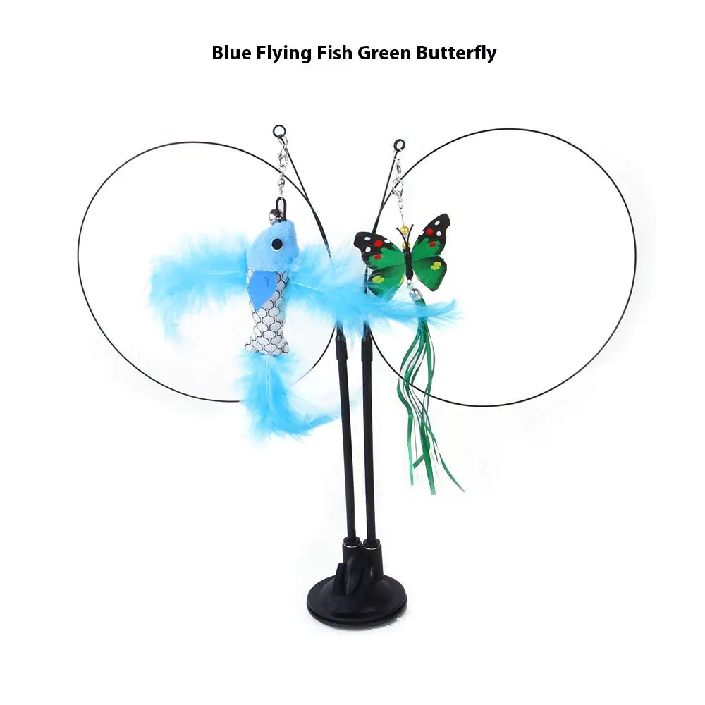 Interactive cat teaser toy with suction cup base, featuring blue flying fish and green butterfly attachments for feline play.