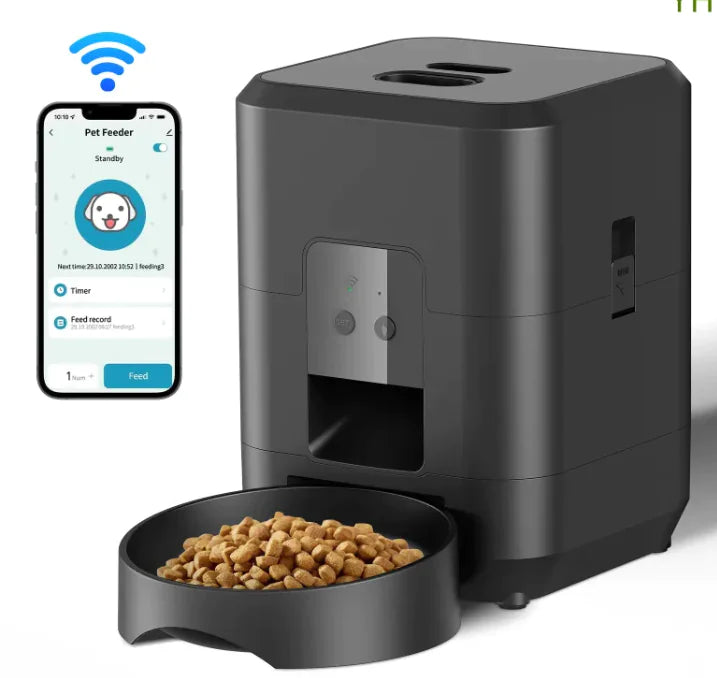 Smart Pet Auto Feeder with remote control app and feeding bowl filled with pet food.