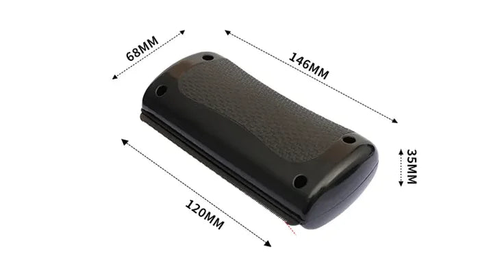 Black ergonomic pet comb handle with measurements for versatile pet grooming comb