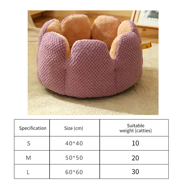 Purple flower-shaped cat bed for small dogs & cats, shown in various sizes with dimensions and suitable weight chart.