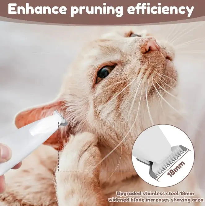 LED dog paw trimmer grooming a cat with emphasis on pruning efficiency and 18mm stainless steel blade detail