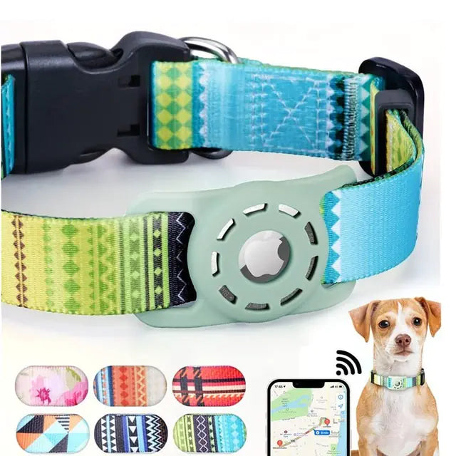 Colorful Apple AirTag pet collar with digital printing, secure AirTag holder, showcasing pet tracking technology and fashion.