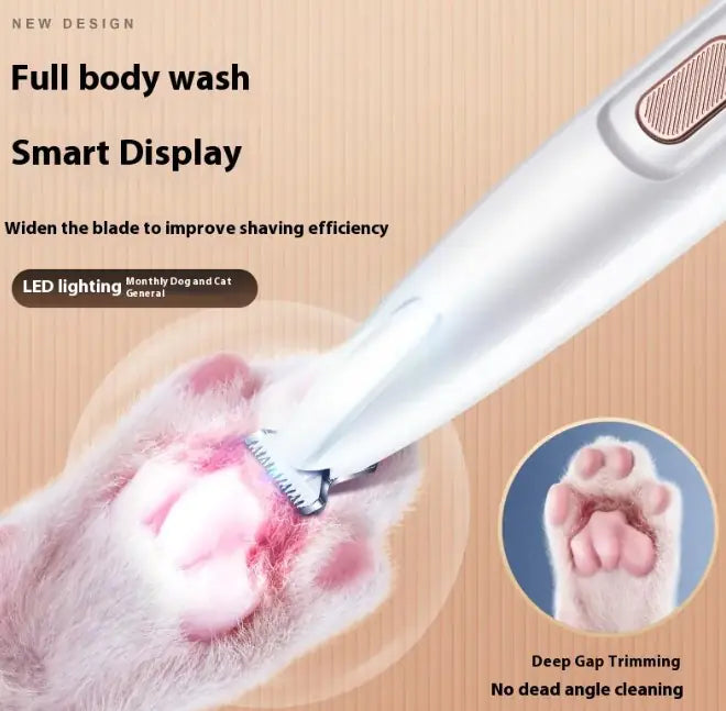 LED dog paw trimmer used on a pink fluffy paw with smart display and waterproof design for grooming precision and comfort.