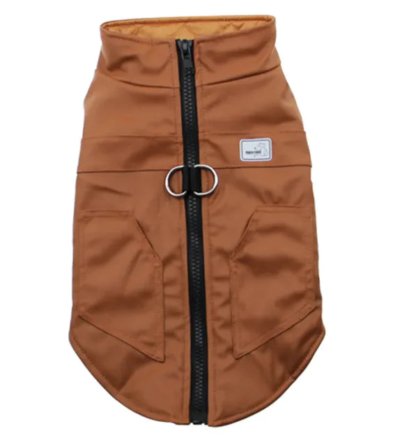 Brown leather winter pet vest with zipper and pockets, cozy design for cats and dogs, stylish and warm for cold seasons.