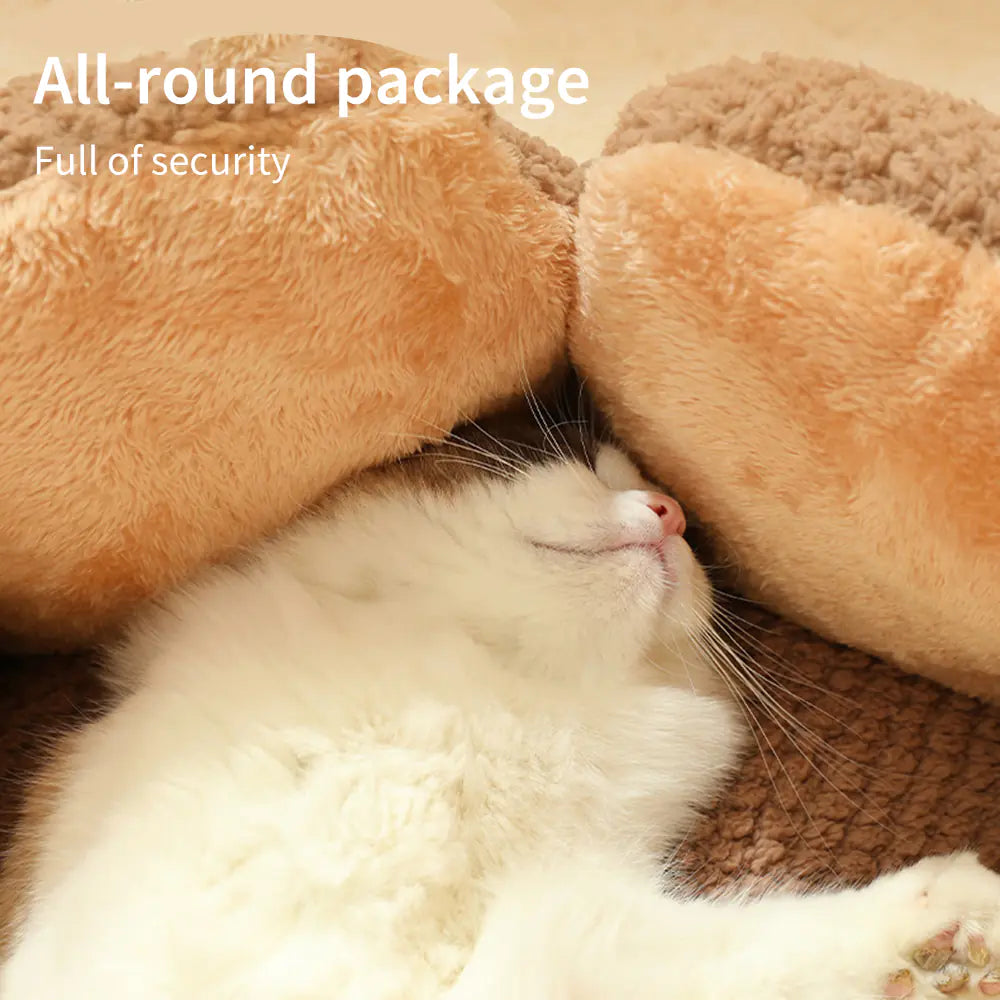 White cat sleeping in a flower-shaped cat bed, cozy and warm, showcasing comfort and security for small dogs and cats.