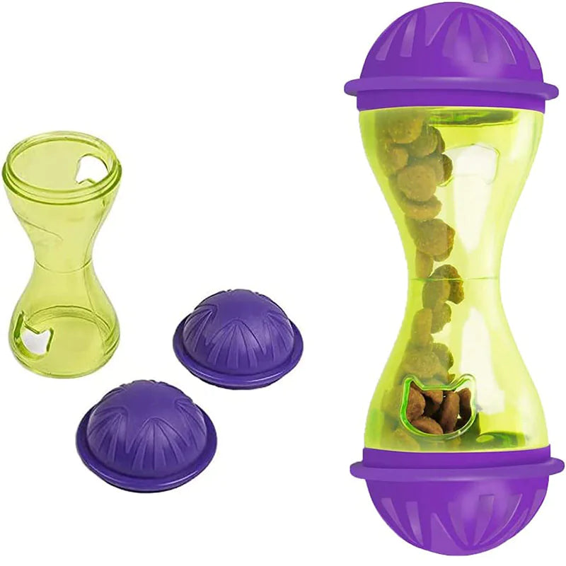 Interactive cat feeder toy with tumbler and feeder ball design, engaging cats in play and meal time, features a durable material.