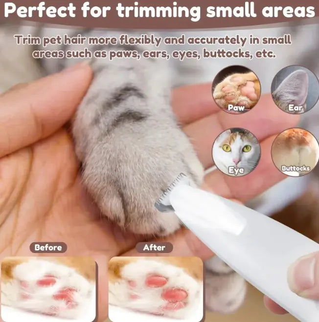 Using LED dog paw trimmer for precise pet grooming on small areas like paws, ears, and eyes.