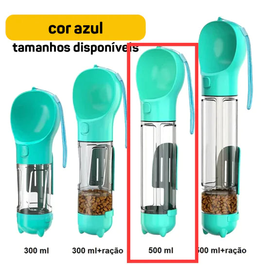 Portable pet water dispenser in blue, available in various sizes including 500ml, designed for easy pet hydration.