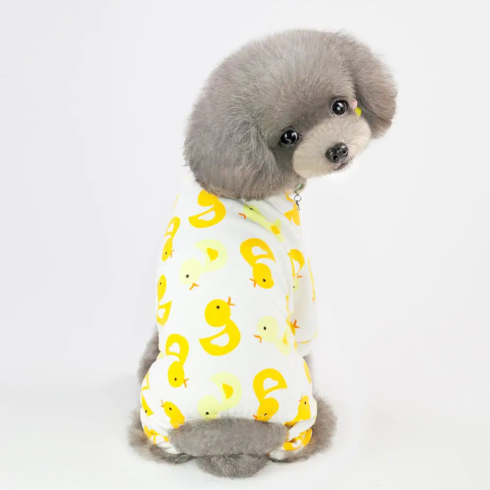 Cute dog wearing cartoon fruit dog pajamas with yellow duck pattern, four-legged cotton pet clothes, size S-2XL