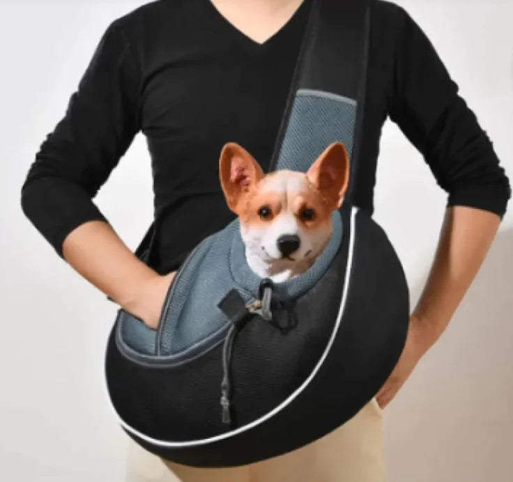 Person carrying a pet in a stylish pet travel carrier bag suitable for dogs and cats on a shoulder sling, emphasizing comfort and style.