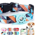 Apple AirTag pet collar with digital design, secure AirTag holder, and tracking app display on phone, stylish for pets.