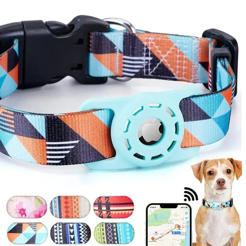 Apple AirTag pet collar with digital design, secure AirTag holder, and tracking app display on phone, stylish for pets.