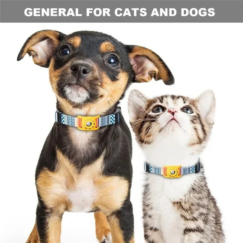 Dog and cat wearing Apple AirTag pet collars with digital printing, suitable for both cats and dogs.