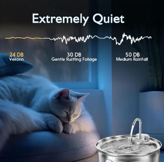 White cat sleeping next to smart pet water dispenser, highlighting quiet operation with stainless steel faucet and noise levels chart