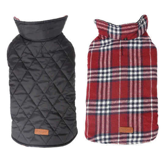 All-weather dog coat, reversible and waterproof, showing black quilted and red plaid sides for stylish, durable pet protection.