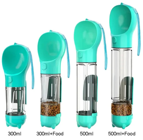 Portable pet water dispenser with food compartment, showing various sizes including 300ml and 500ml, ideal for pet hydration on the go.