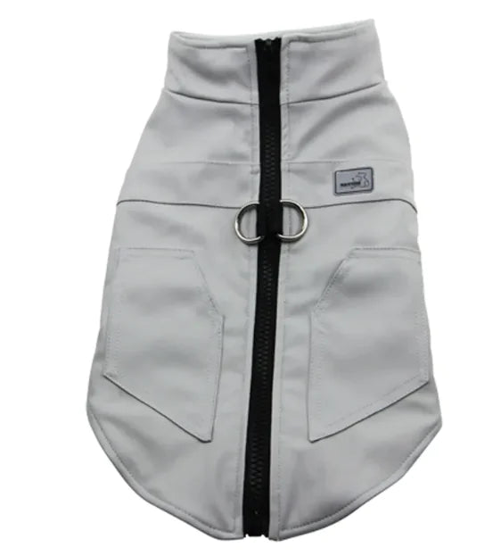 Elegant leather winter pet vest in white with zipper and pockets, ideal for keeping dogs and cats warm and stylish during chilly seasons.