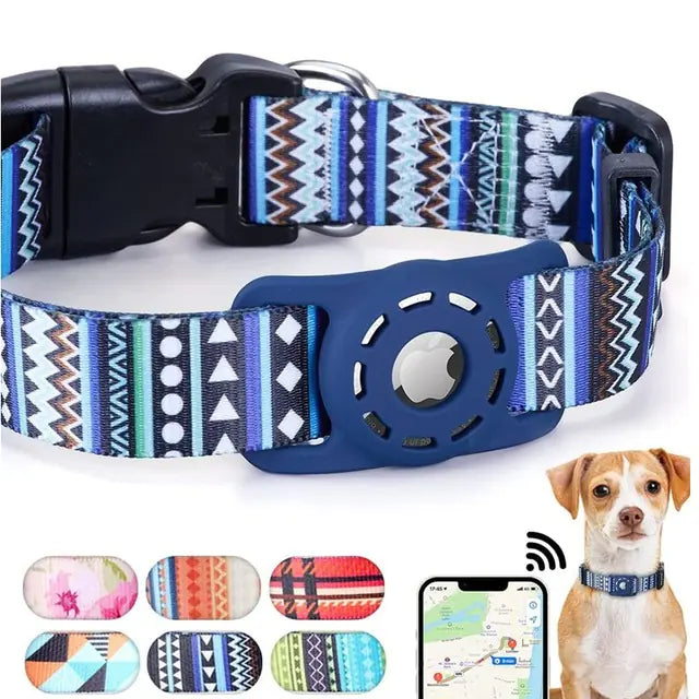 Apple AirTag pet collar with digital print design, showcasing modern pet tracking technology and stylish patterns for pets.