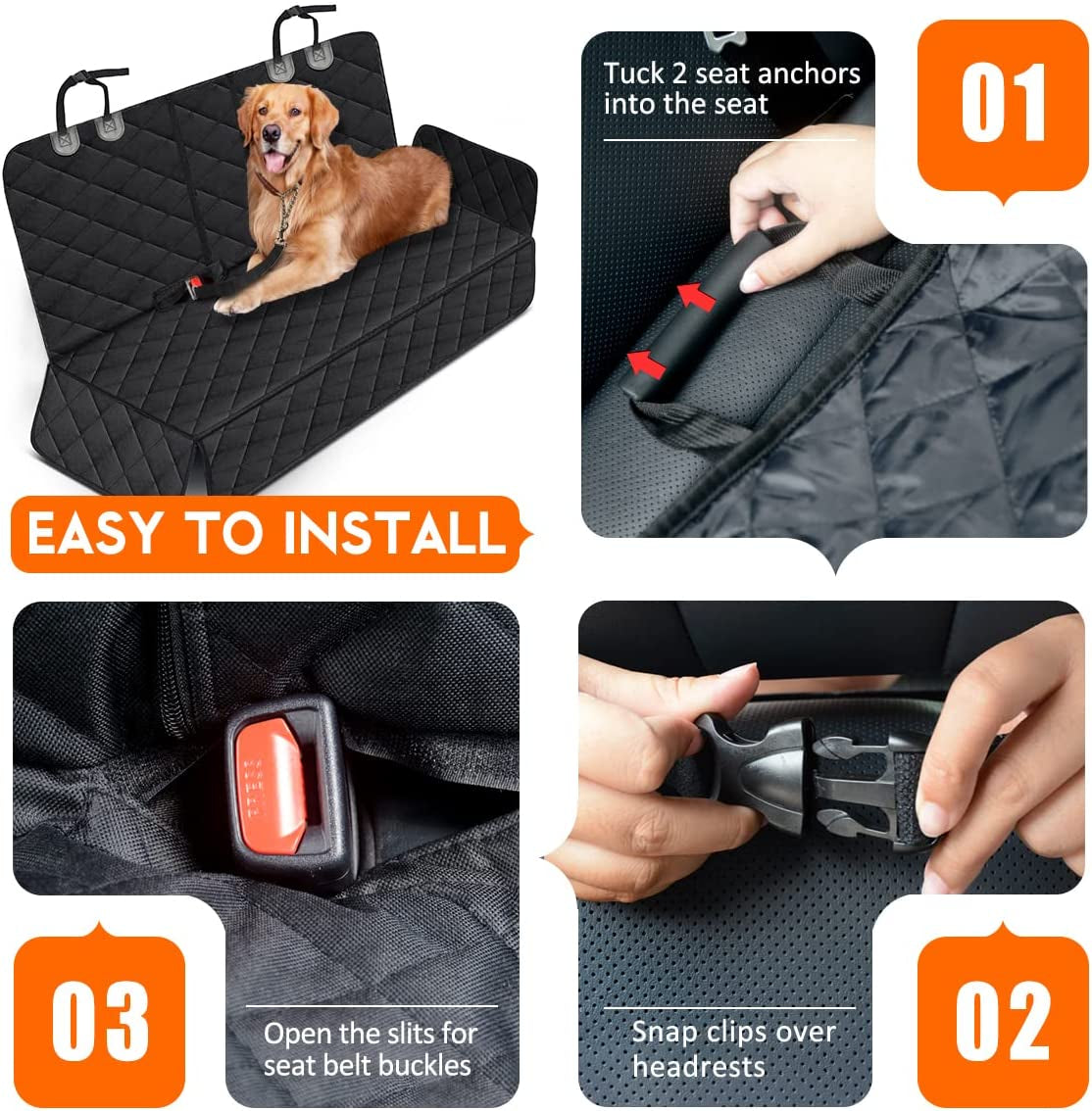 Waterproof dog car seat cover installation guide with a dog sitting on back seat protector, showing secure seat anchor and belt access.
